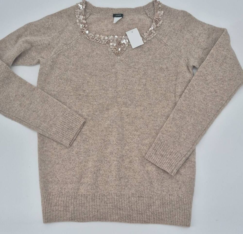 J. Crew Womens Sequined Beige Sweater Lambs Wool Size L
